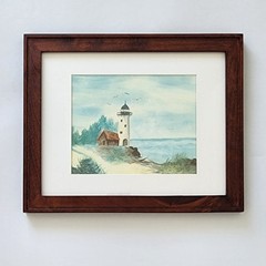 Vintage Lighthouse Watercolor Painting Framed Original Coastal Seascape Art