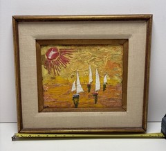 OIL PAINTING OCEAN SAILING SAILBOATS BOATS SUNSET Signed Lee 15.75 X 14.7