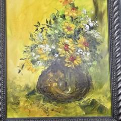 Vintage Mid Century Original Impasto Floral Oil Painting Pewter Frame 19.5×24”