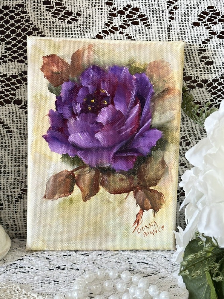 Hand Painted Single Purple Rose In Oil On A 5 X 7 Canvas Signed