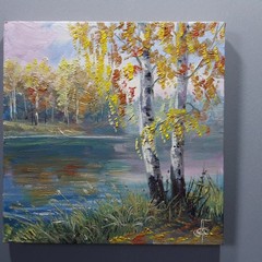 Autumn River Birch Trees Landscape Oil Painting Original Wall Art Canvas 8×8 in.