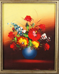 Vintage 1990’s Original Small Oil Painting “ Multicolor Flowers On Vase “ 8X10