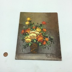 Rant Buic Vintage Floral Oil Painting Wood Panel Basket of Roses Retro 70s MCM