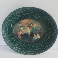 Vintage Asian Bathing Scene Hanging Oval Platter 17″
