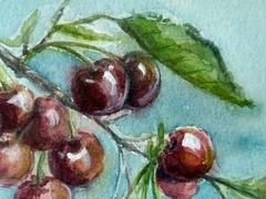 Wooden Framed Original Watercolor Painting Cherry Cottagecore Kitchen Art