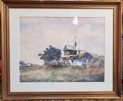 Framed Original Artist Signed Watercolor Burgenland Austria Windmill Building