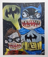 Original Batman & Robin 66 Folk Art Weirdo Painting Thayer OOAK Batmobile