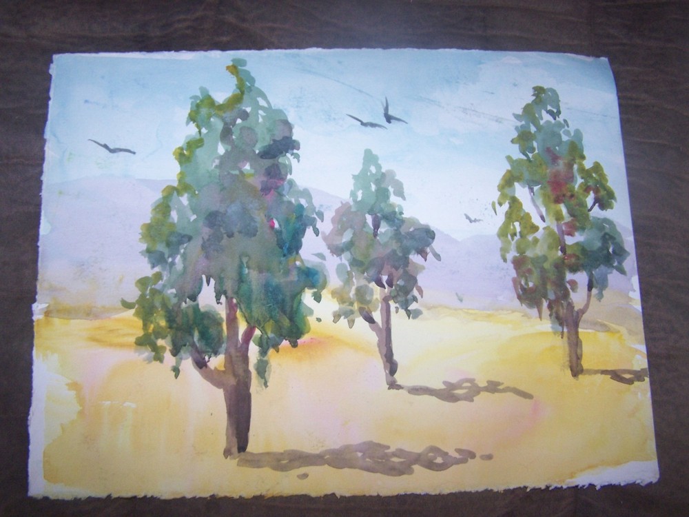 Original Watercolor By Peg Humphreys, Birds Flying over Trees 11.25″ x 15″