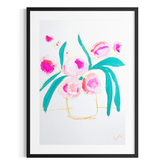 Original Botanical 5×7 Painting Acrylic Flowers Teal Pink Wall Art