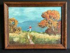 Vintage Landscape Oil Painting on Canvas Adult & Child on a Scenic Path 6 x 8 in