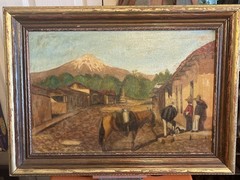 Vintage 1960 Lewis Patton Original Oil Painting – Snowy New Mexico Adobe Village
