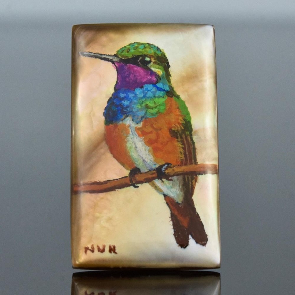 Hummingbird Original Painted Mother-of-Pearl Shell Rectangular Cabochon 35x20mm