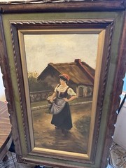 M. Colvin Woman In Market Signed Italian Oil Painting One Of A Kind Rare 1900s