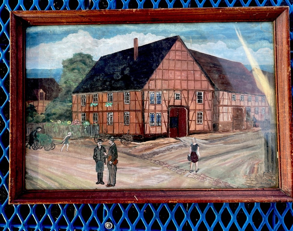 Original Painting Signed Folk Art Andrea European Rural Old Framed Watercolor