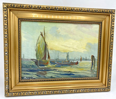Antique oil painting signed Morris Mid-1900’s gilded wood frame