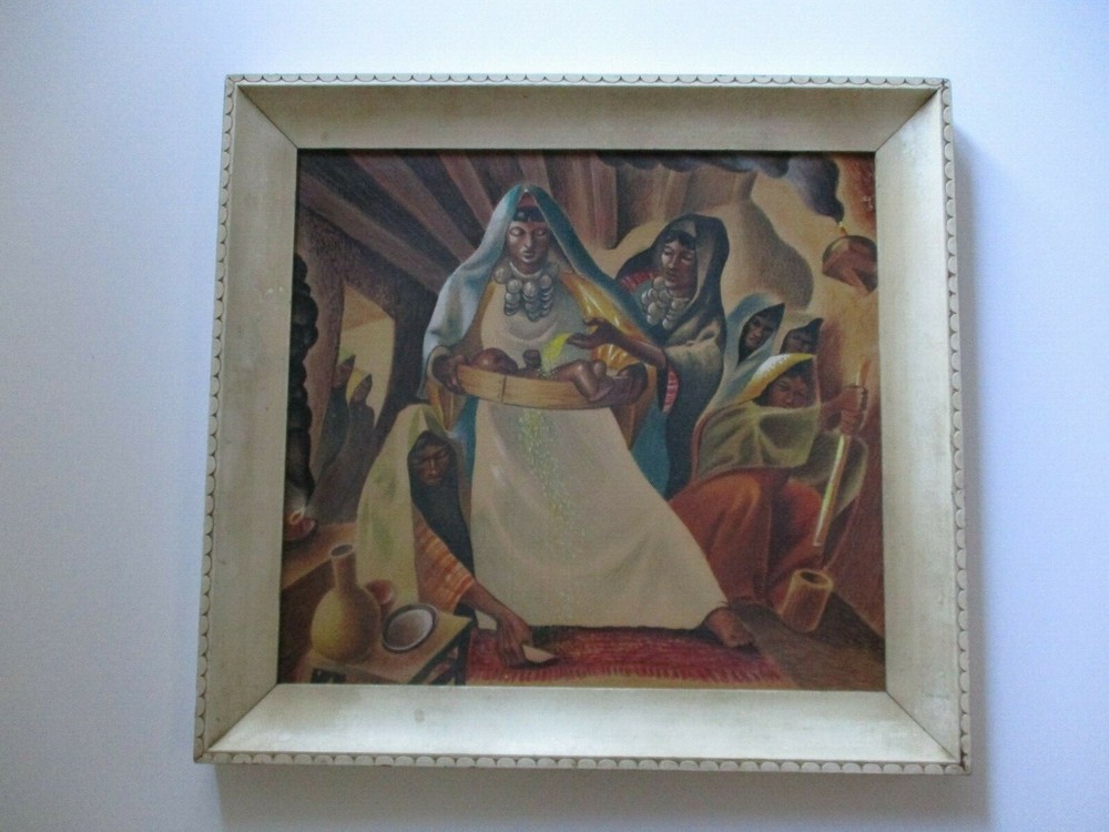 ANTIQUE WPA ERA PAINTING MEXICAN RITUAL CEREMONY ICON MADONNA MODERNISM ICONIC