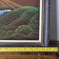 Vintage 70s Black Velvet Mountain Landscape Oil Painting Carved Wood Frame 22×13