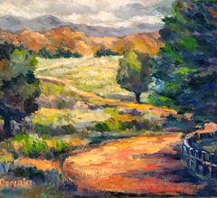 Large Oil Painting Landscape Trees Fields Mountains Clouds Path Signed Donalee