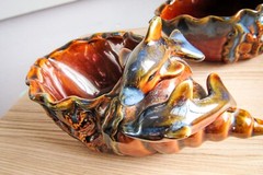 Set of 2 Lusterware Glazed Pottery Bowls W Dolphins on Conch Shell Blue Brown