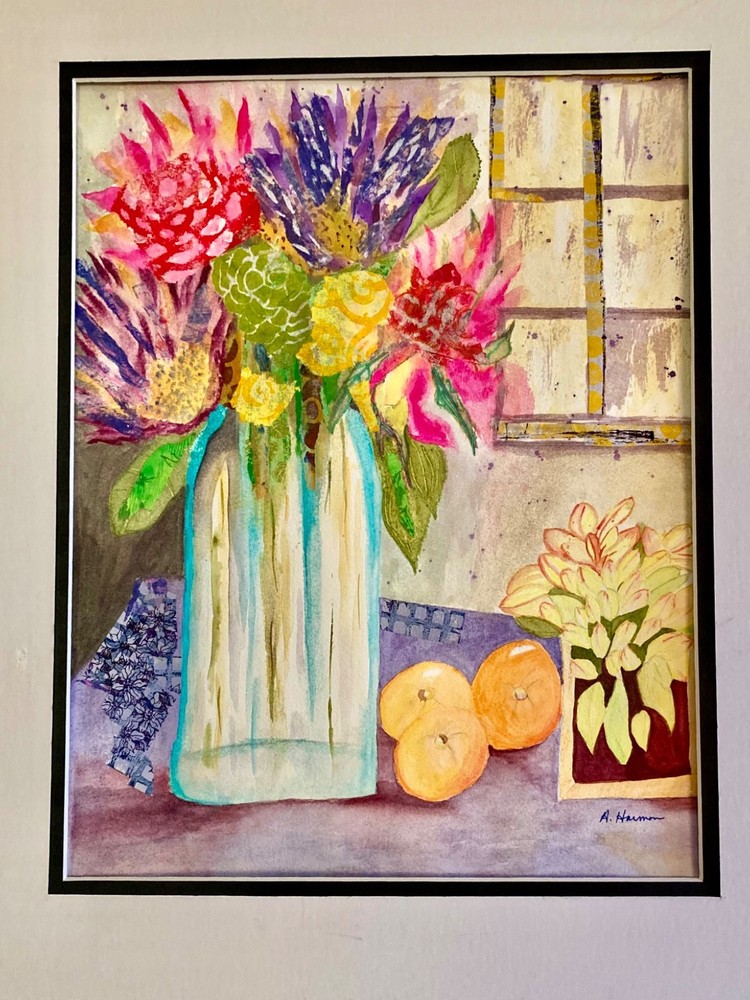 Turquoise Vase – Watercolor and Collage, Original Painting Still Life