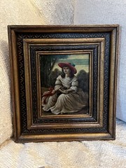 Charming Vintage Or Antique European Folk Art Painting Of Girl With Cat Kitten