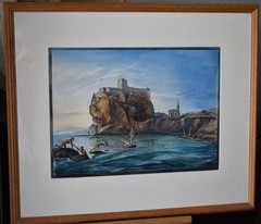 FISHERFOLK FIGURES ON THE BEACH BATHING NAKED A PAIR c185080s WATERCOLOURS UNSIG