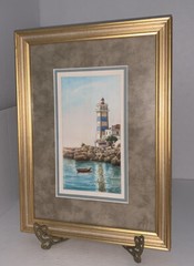 Vintage Lighthouse Ocean Boat Watercolor Signed Frame 14 7/8” Tall x 11”W Framed