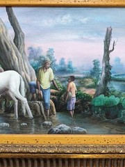 ORIGINAL HAITIAN ART PAINTING BY CARLOS JN. BAPTISTE FARMERS LANDSCAPE HORSES 24