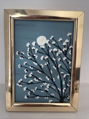 Moon Night Painting Cherry Tree Moonlight 5×7” Original Art. Gold Frame