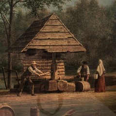Grandpa 1899’s Amish Apple Cider Scene Antique Litho Painting 46.5″W x 30.5″L