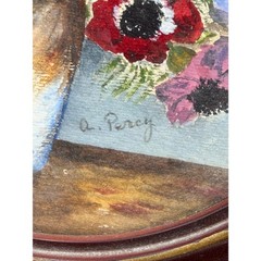Antique Signed Watercolor 1940s Round Framed Glass Pansies in Vase Wall Hanging