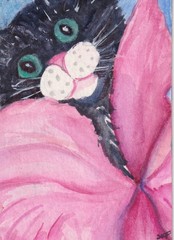 ACEO Original Watercolor Painting – Black Cat in Pink Flower Sharon Foster