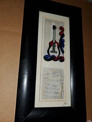 Hand made crafted painted guitar artwork drawing music notes Angela Burter