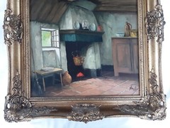 B. MULLEN (1901-1986), Classical Oil on Linen, Cottage Interior, 16″ by 20″