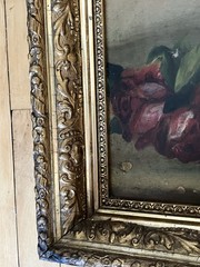 Antique 19c Victorian Roses Moody Still Life Painting On Canvas Gold Gesso Frame