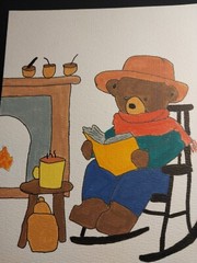 G.A.Titan Acrylic Painting IMPRESSIONISM bear On Rocking Chair By Fireplace