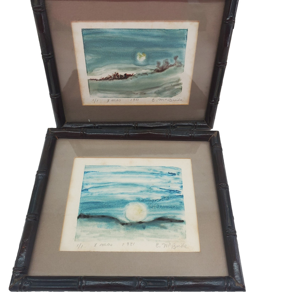Emilie McBride Set Watercolor Original 1981 Paintings Bamboo Frames Professional