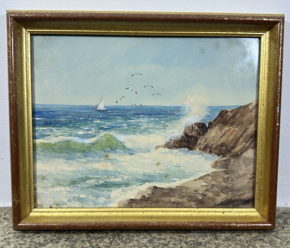 Watercolor And Gouache Framed: Nice Castle Rock Seascape, Rocher
