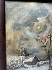Antique „Figure And Home Landscape In Winter“ Watercolor Painting – Framed