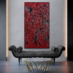 XXL Jackson Pollock Style Red & Black Abstract Textured Painting 59×30 in