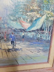 Vintage Street Scene Oil Painting Canvas Signed Bernard 29”x25” – Frame Damaged!
