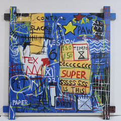 JEAN-MICHEL BASQUIAT ACRYLIC ON CANVAS 1982 WITH TIED WOOD SUPPORTS 35 X 35 in