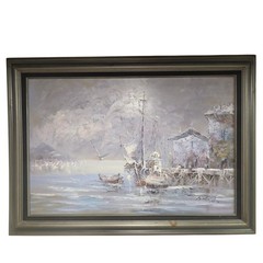 Large Signed Impressionist Harbor Oil Painting Marine Coastal Boats Framed 24×36