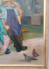 American NY Ashcan Artist Cecil Bell „Peanut Vendors“ Oil on Board Painting 1964