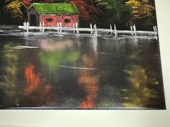 Lake Boat House Fall Colors Water Reflection Original Oil Painting 11×14” Canvas