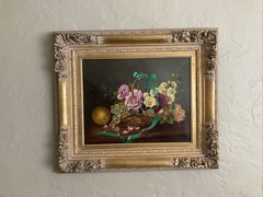 Vintage Original Oil Painting Fine Still Life Basket of Flowers and Fruit Signed