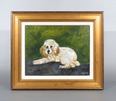 Vintage French Painting Oil, Portrait of a Dog French Poodle, Framed Signed 1998
