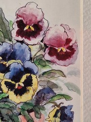 Framed & Matted Watercolor PANSY BOUQUET Artist Signed 11×9 Peggy Abrams