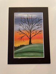 Original oil painting 5 X 7 inches Including Black Matting tree at sunset