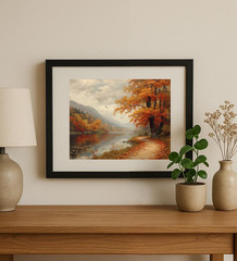 Vintage Fall Landscape Wall Art – Rustic Autumn Forest Oil Painting Print – Coun